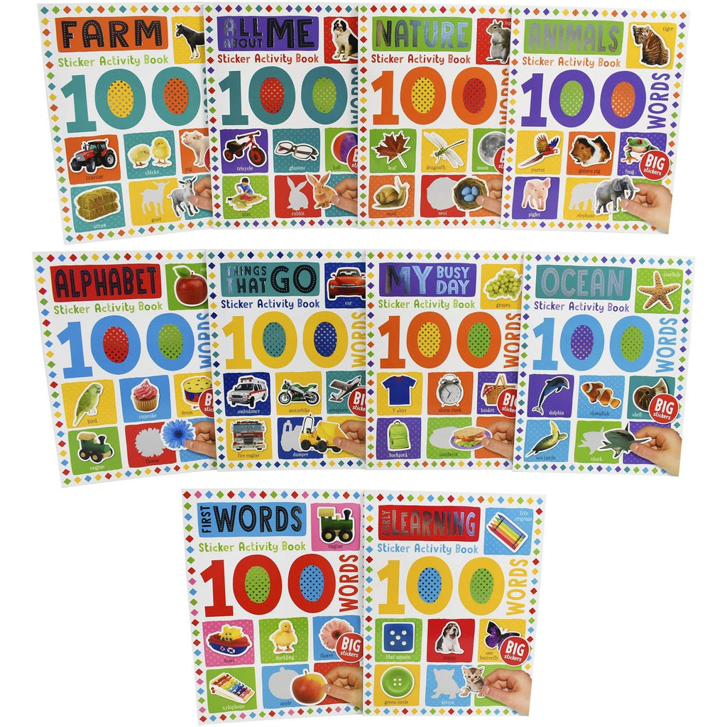 100 Words Sticker Activity 10 Books Collection Set | Alphabet, First Words, Early Learning, My Busy Day, Nature, Ocean, All About Me, Farm, Things That Go & Animal Words