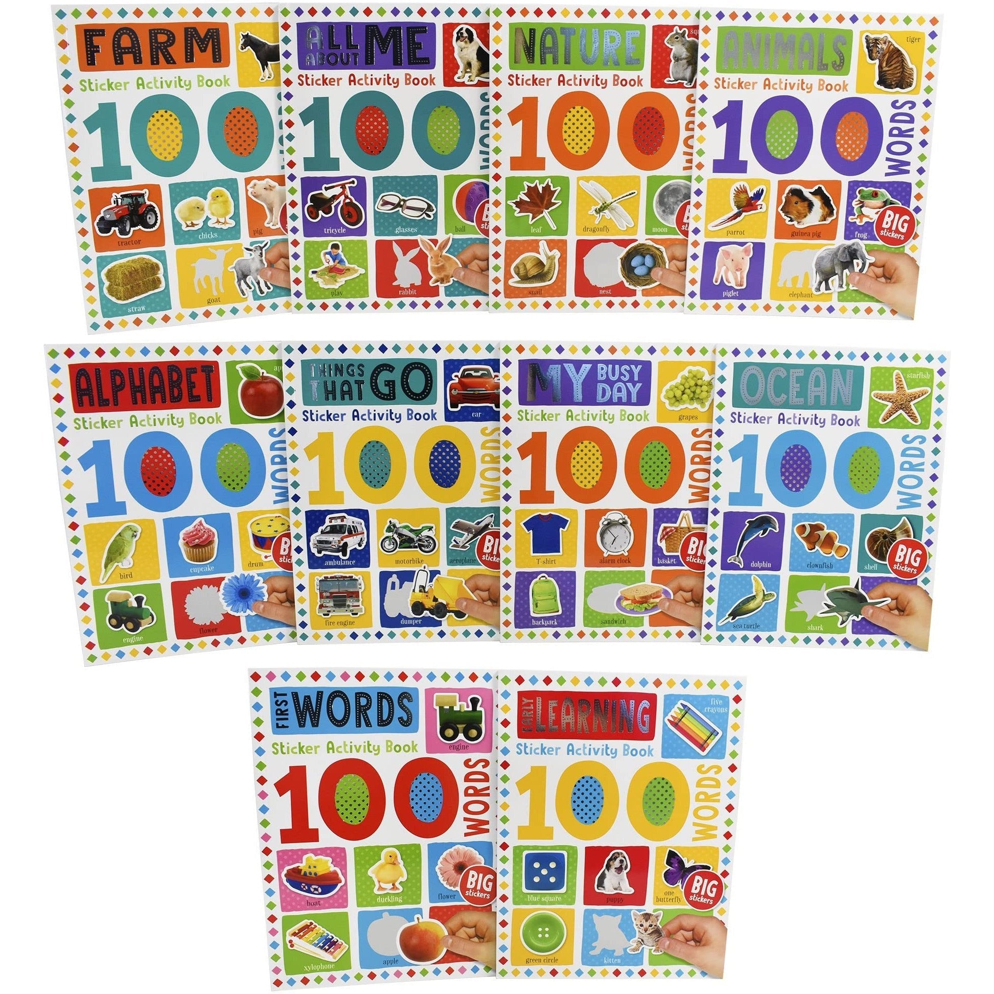 100 Words Sticker Activity 10 Books Collection Set | Alphabet, First Words, Early Learning, My Busy Day, Nature, Ocean, All About Me, Farm, Things That Go & Animal Words