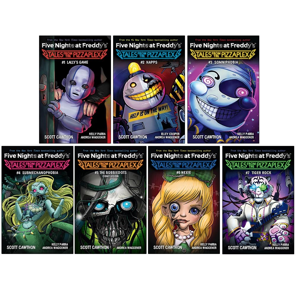 Five Nights at Freddys: Tales from the Pizzaplex Series 7 Books Collection Set By Scott Cawthon (Lally's Game, Happs, Somniphobia, Submechanophobia, The Bobbiedots Conclusion, Nexie, Tiger Rock)