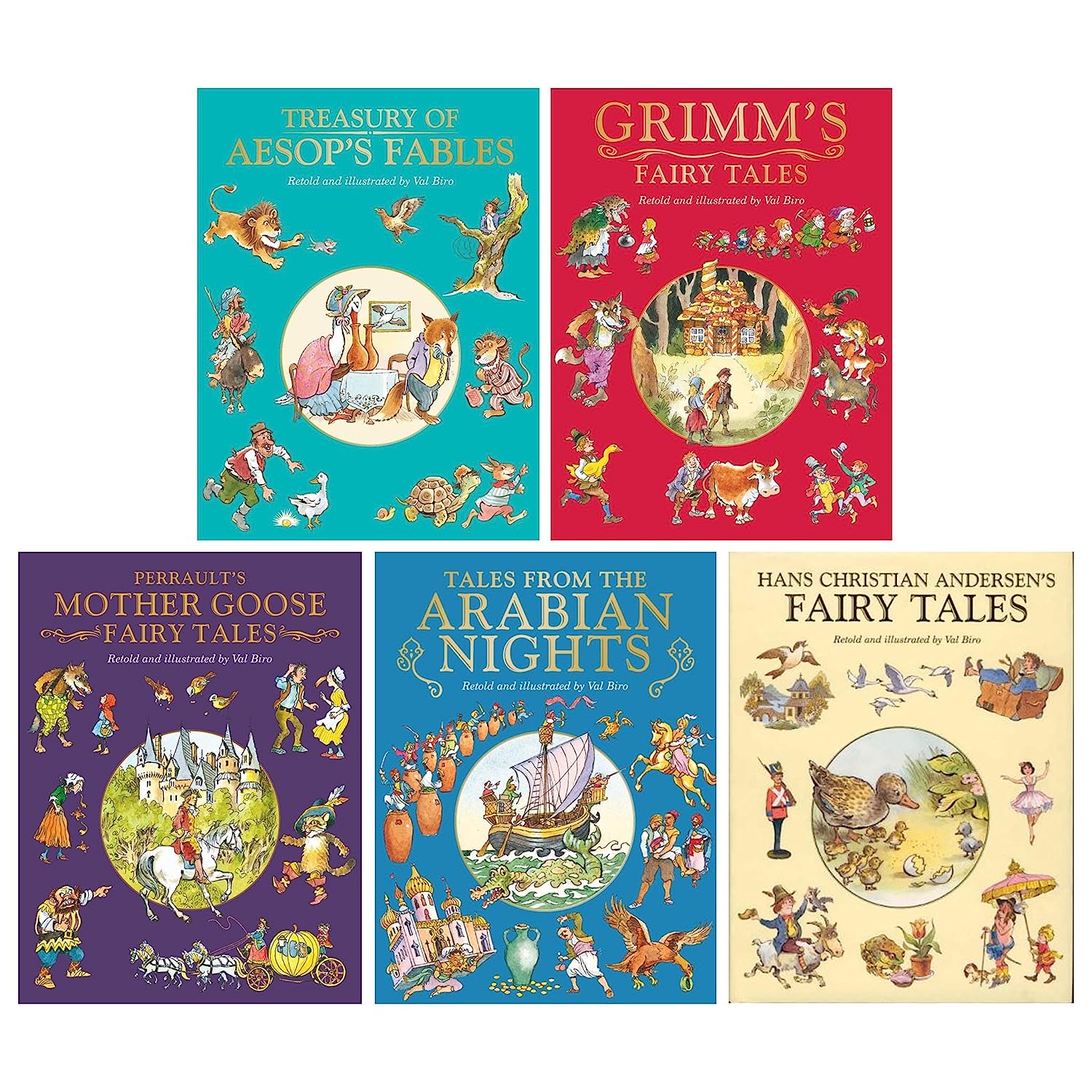 Fairy Tale Treasuries Series by Val Biro 5 Books Collection (Treasury of Aesop's Fables, Grimm's Fairy Tales, Charles Perrault's Mother Goose Fairy Tales, Tales from the Arabian Nights, Hans Christian Andersen's Fairy Tales)