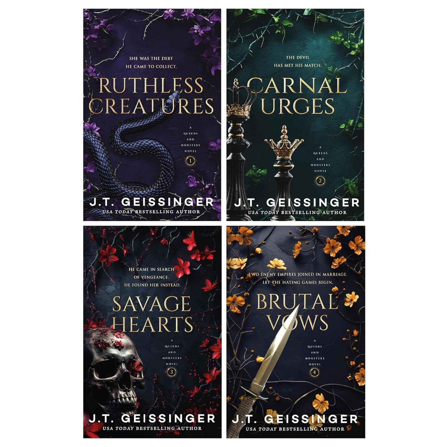 Queens and Monsters Series by J. T. Geissinger 4 Books Collection Set (Ruthless Creatures, Carnal Urges, Savage Hearts and Brutal Vows)