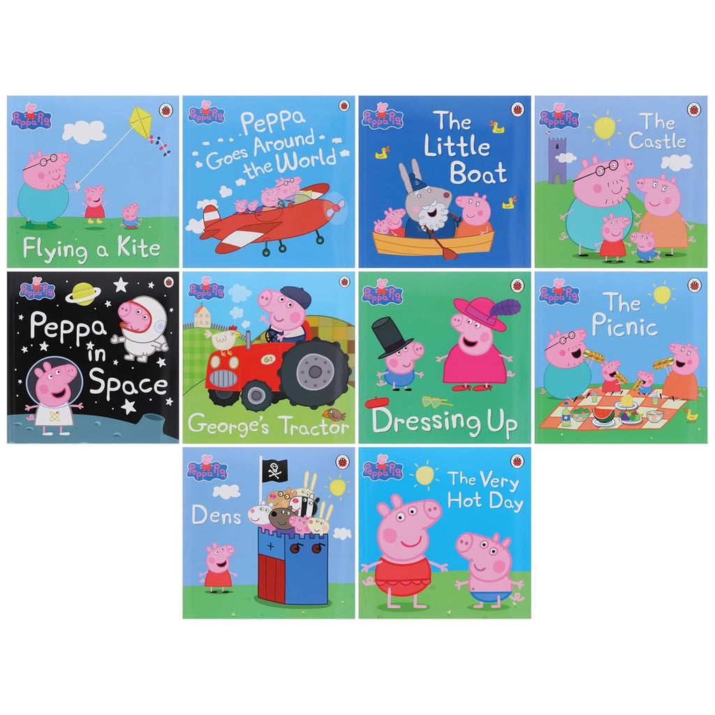 Peppa Pig 10 Books Children Collection Set (Peppa Goes Around the World, The Little Boat, The Castle, Peppa in Space, George's Tractor, Dressing Up,The Picnic, Dens,The Very Hot Day & Flying a Kite)