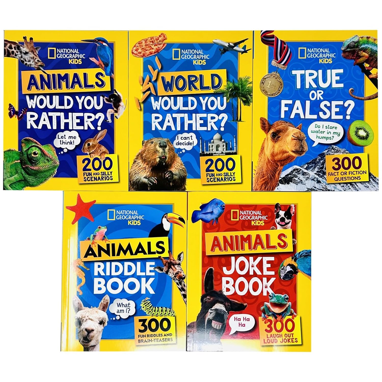 National Geographic Kids A Fun-Filled Family Game Animals 5 Books Collection Set (True or False?, Animals Riddle Book, Animals Joke Book, World Would You Rather? and Animals Would You Rather?)