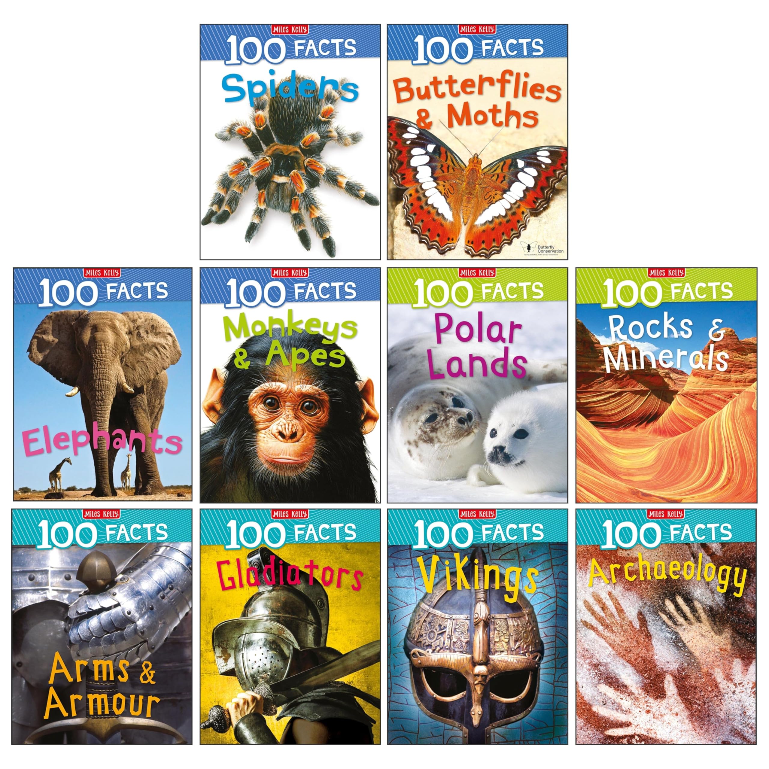 100 Facts Series 10 Books Collection Set (100 Facts: Spiders, Butterflies and Moths, Elephants, Monkeys and Apes, Polar Lands, Rocks and Minerals, Arms and Armour and Three More...)