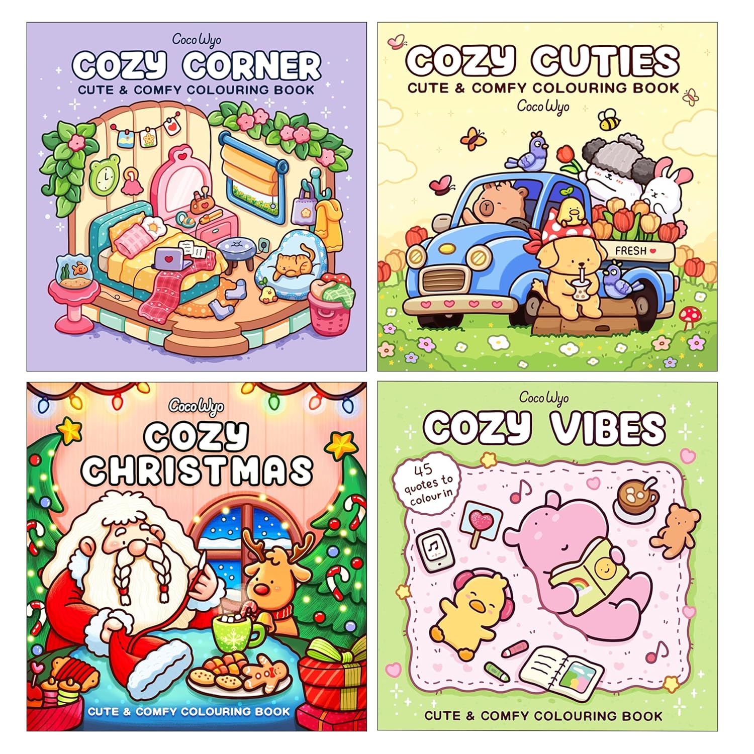 Coco Wyo Cozy Relaxing Stress Relief Colouring 4 Books Collection Set (Cozy Christmas, Cozy Corner, Cozy Cuties & Cozy Vibes)