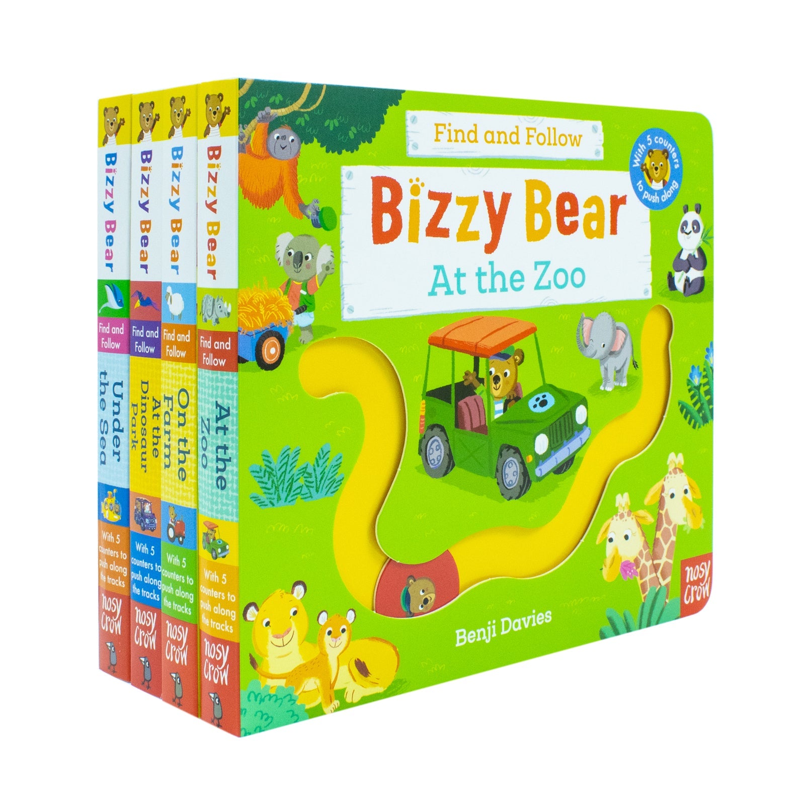 Bizzy Bear Find & Follow Series 4 Books Set (At The Zoo, On The Farm, At The Dinosaur Park, Under The Sea)
