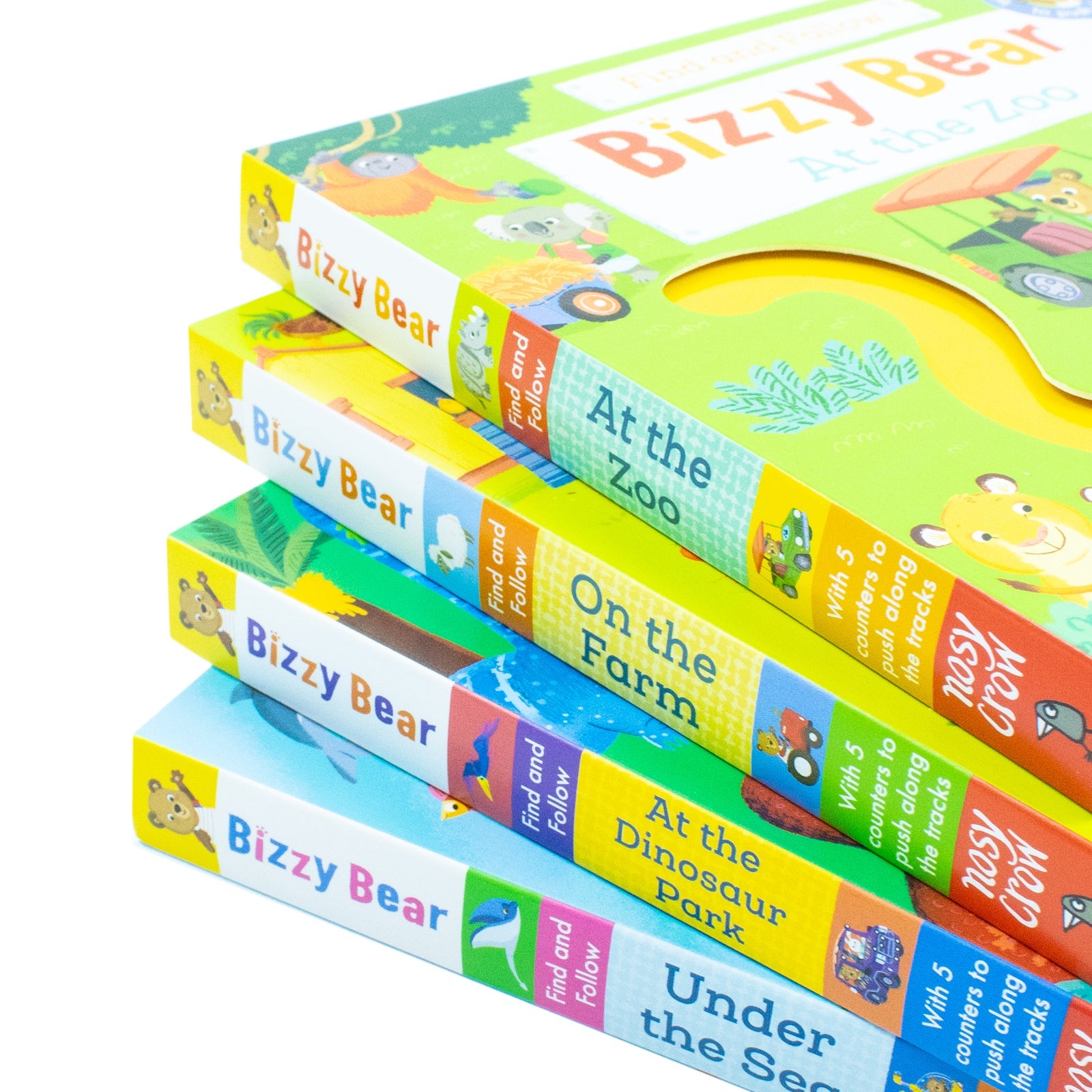 Bizzy Bear Find & Follow Series 4 Books Set (At The Zoo, On The Farm, At The Dinosaur Park, Under The Sea)