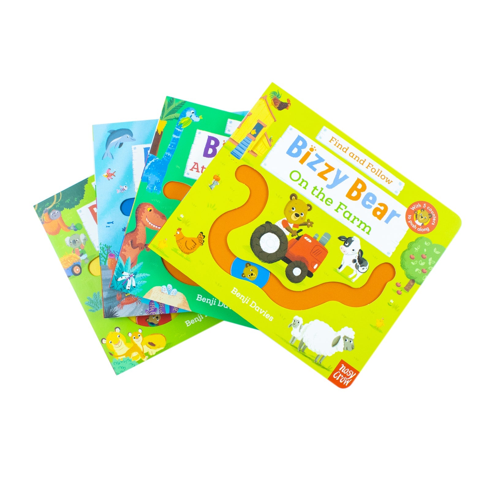 Bizzy Bear Find & Follow Series 4 Books Set (At The Zoo, On The Farm, At The Dinosaur Park, Under The Sea)