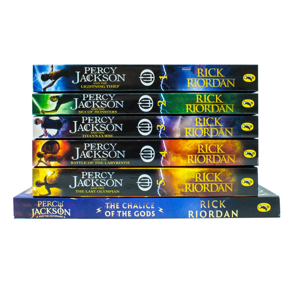 Percy Jackson and the Olympians Collection 6 Books Set By Rick Riordan (The Lightning Thief, Sea of Monsters, Titan's Curse, Battle of the Labyrinth, Last Olympian, The Chalice of the Gods)