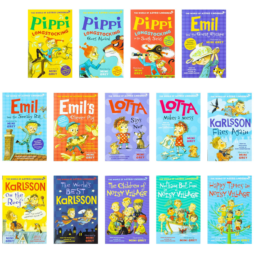 Astrid Lindgren Collection 14 Books Set (The Children of Noisy Village, Happy Times,Nothing but Fun, The World&amp;#x27;s Best Karlsson,Flies Again,on the Roof,Pippi Longstocking,Emil&amp;#x27;s Clever Pig &amp;amp; More)