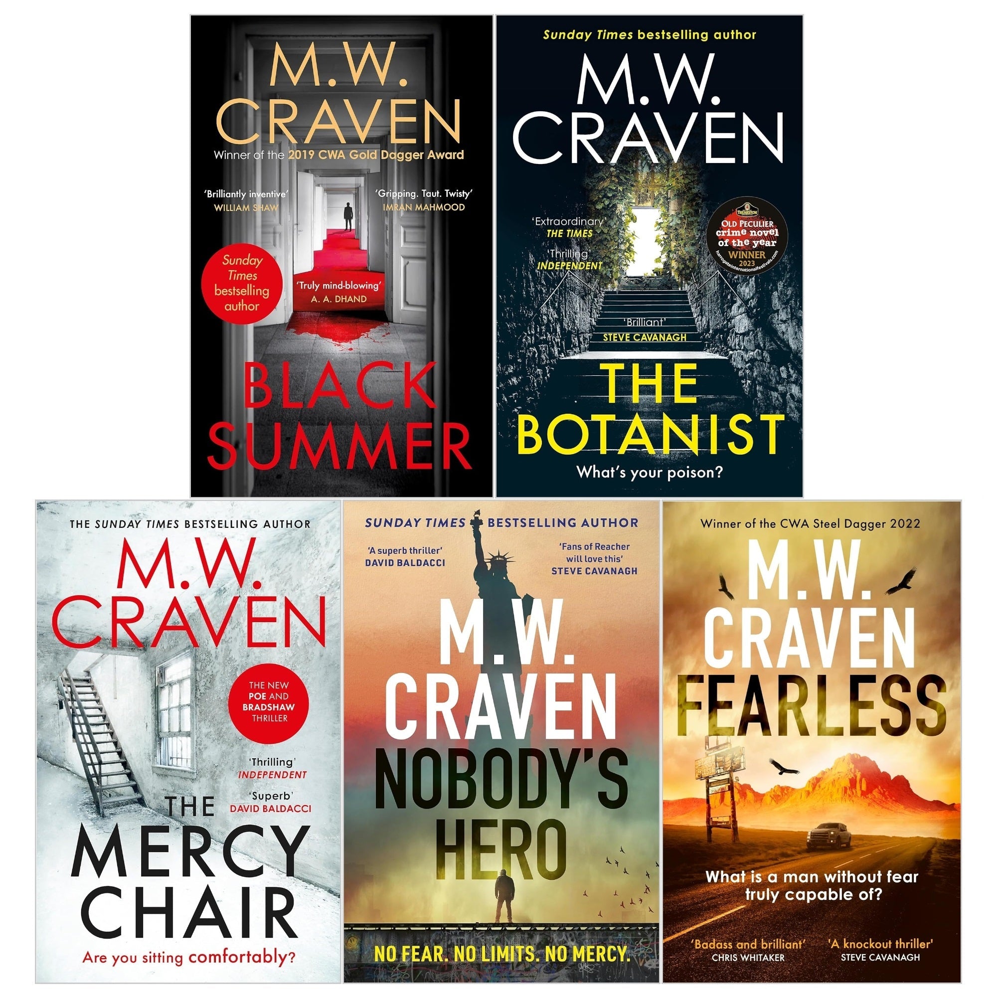 Washington Poe and Ben Koenig Series 5 Books Collection Set By M W Craven (Black Summer, The Botanist, The Mercy Chair, Fearless, Nobody's Hero)
