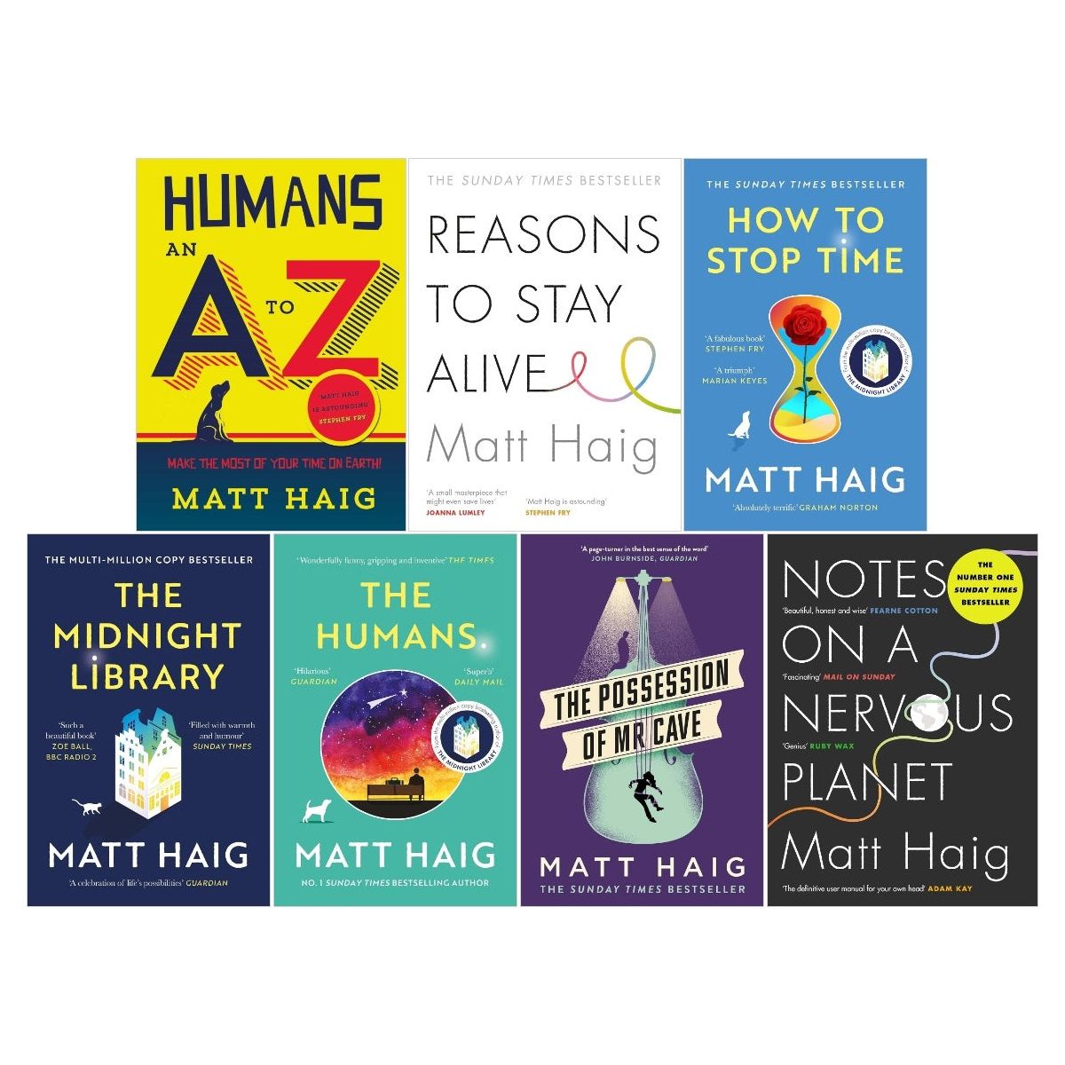 Matt Haig Collection 7 Books Set (The Humans, How to Stop Time, The Midnight Library, The Possession of Mr Cave, Notes on a Nervous Planet, Reasons to Stay Alive, Humans: An A-Z)