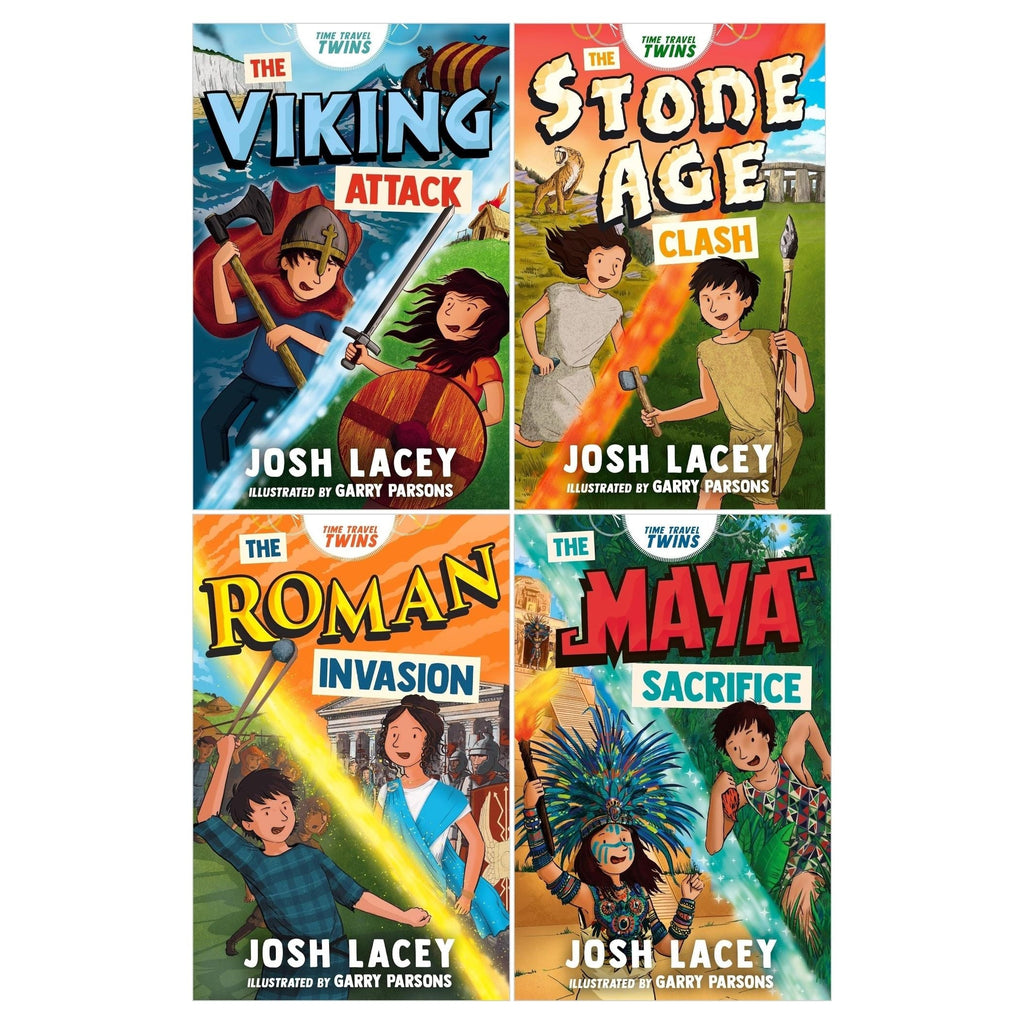 Time Travel Twins Series 4 Books Set by Josh Lacey (Viking Attack, Stone Age Clash, Roman Invasion, Maya Sacrifice)