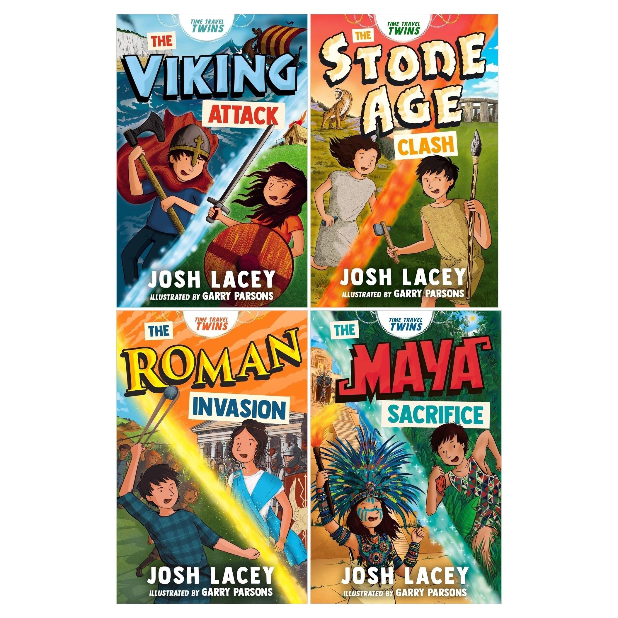 Time Travel Twins Series 4 Books Set by Josh Lacey (Viking Attack, Stone Age Clash, Roman Invasion, Maya Sacrifice)